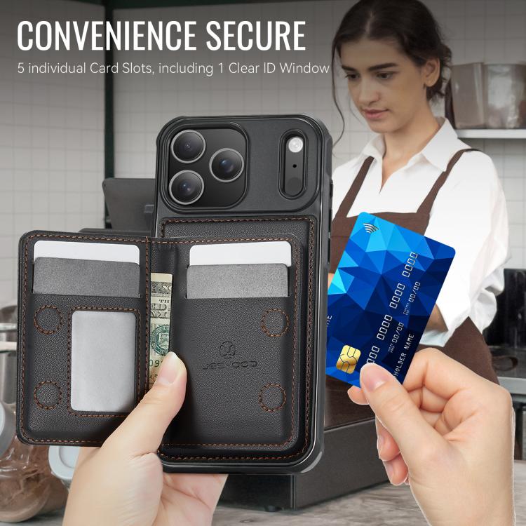 For iPhone 17 Pro Max JEEHOOD J12 Exquisite RFID MagSafe Zipper Card Bag Phone Case(Black) by JEEHOOD