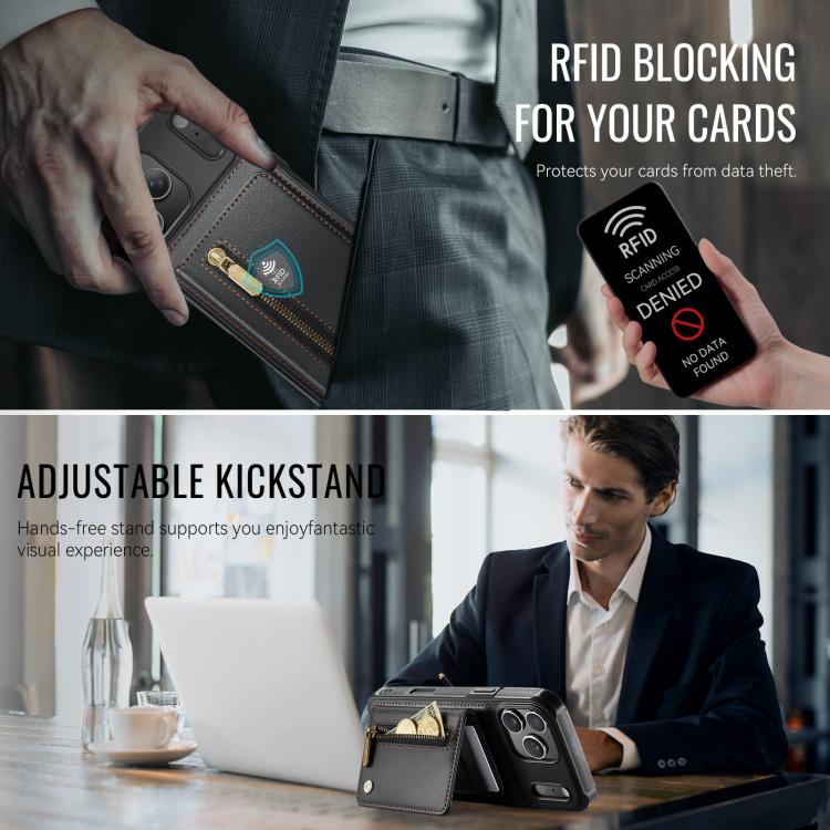 For iPhone 17 Pro Max JEEHOOD J12 Exquisite RFID MagSafe Zipper Card Bag Phone Case(Black) by JEEHOOD