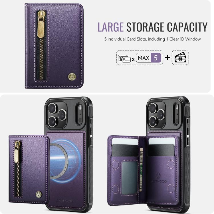 For iPhone 17 Pro JEEHOOD J12 Exquisite RFID MagSafe Zipper Card Bag Phone Case(Purple) by JEEHOOD