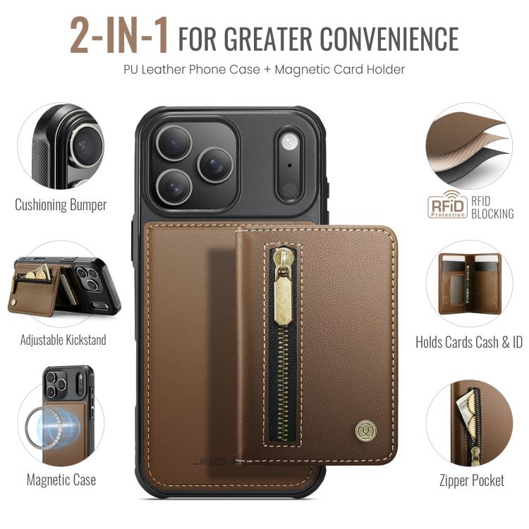 For iPhone 17 Pro JEEHOOD J12 Exquisite RFID MagSafe Zipper Card Bag Phone Case(Brown) by JEEHOOD