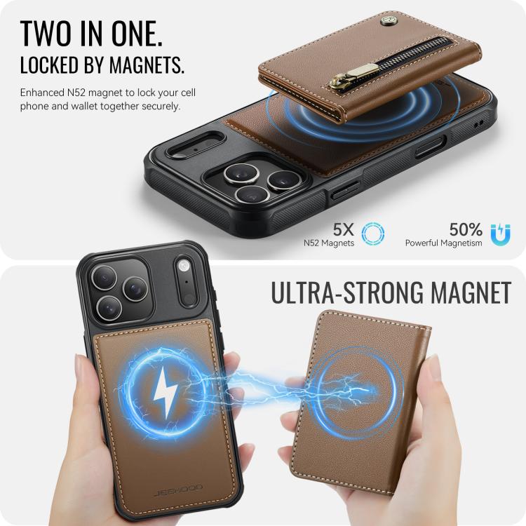 For iPhone 17 Pro JEEHOOD J12 Exquisite RFID MagSafe Zipper Card Bag Phone Case(Brown) by JEEHOOD