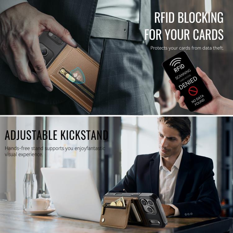 For iPhone 17 Pro JEEHOOD J12 Exquisite RFID MagSafe Zipper Card Bag Phone Case(Brown) by JEEHOOD