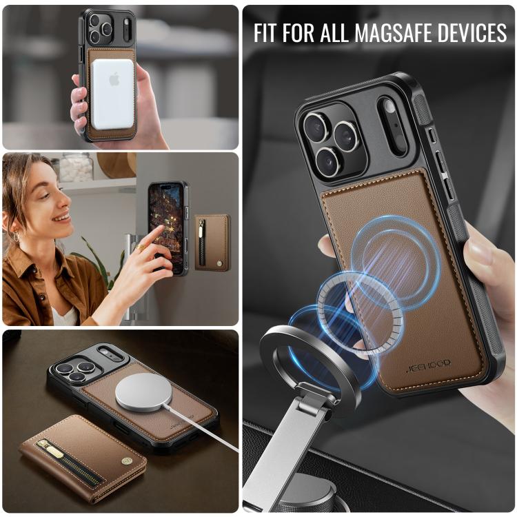 For iPhone 17 Pro JEEHOOD J12 Exquisite RFID MagSafe Zipper Card Bag Phone Case(Brown) by JEEHOOD
