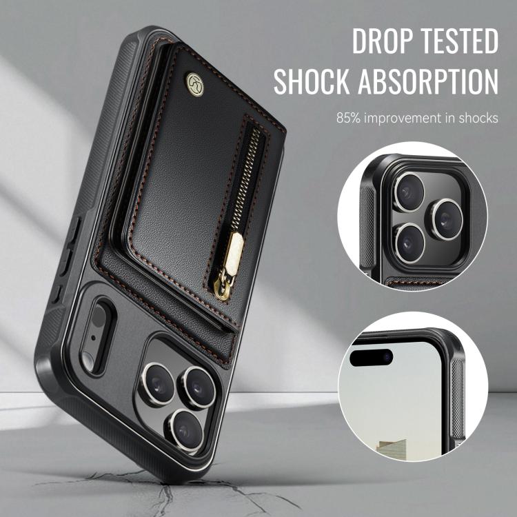 For iPhone 17 Pro JEEHOOD J12 Exquisite RFID MagSafe Zipper Card Bag Phone Case(Black) by JEEHOOD