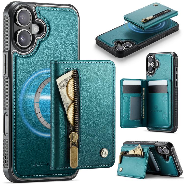 For iPhone 17 JEEHOOD J12 Exquisite RFID MagSafe Zipper Card Bag Phone Case(Green) by JEEHOOD