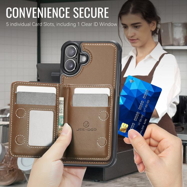 For iPhone 17 JEEHOOD J12 Exquisite RFID MagSafe Zipper Card Bag Phone Case(Brown) by JEEHOOD