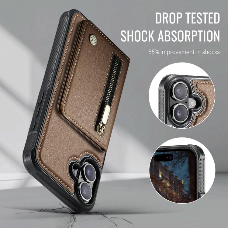 For iPhone 17 JEEHOOD J12 Exquisite RFID MagSafe Zipper Card Bag Phone Case(Brown) by JEEHOOD