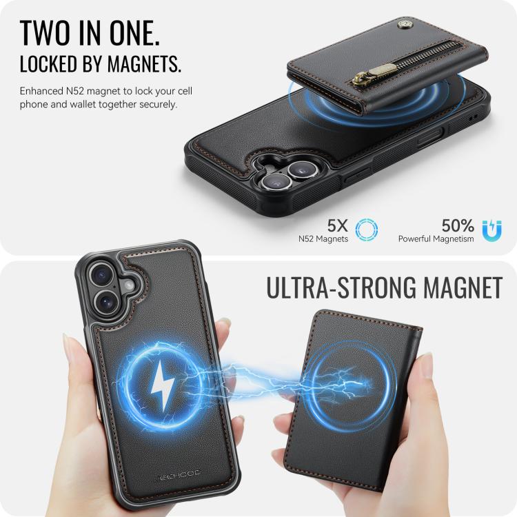 For iPhone 17 JEEHOOD J12 Exquisite RFID MagSafe Zipper Card Bag Phone Case(Black) by JEEHOOD