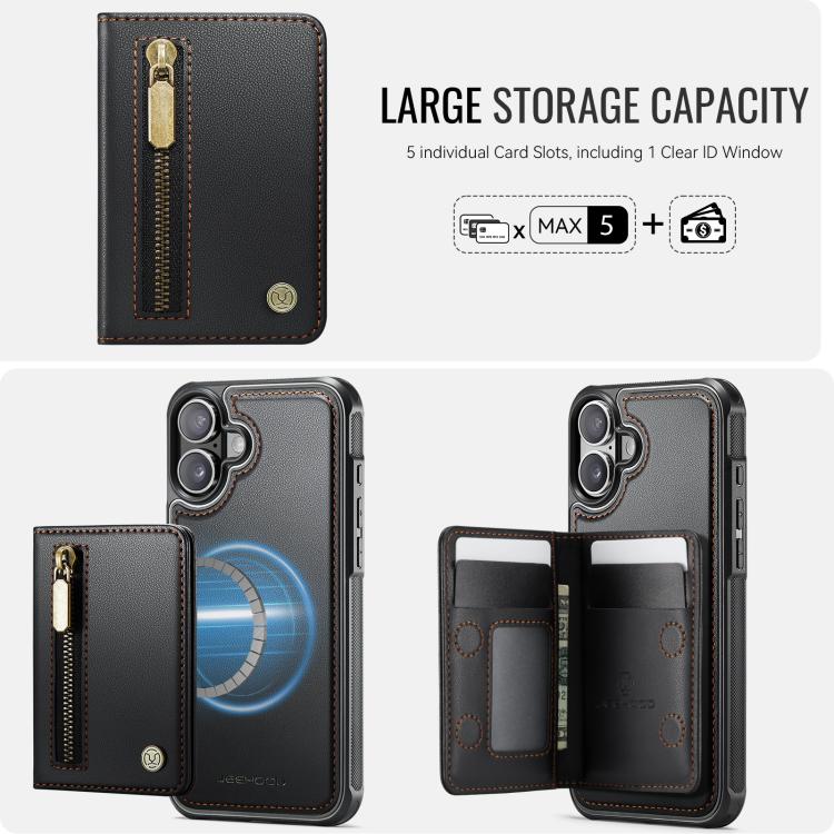 For iPhone 17 JEEHOOD J12 Exquisite RFID MagSafe Zipper Card Bag Phone Case(Black) by JEEHOOD
