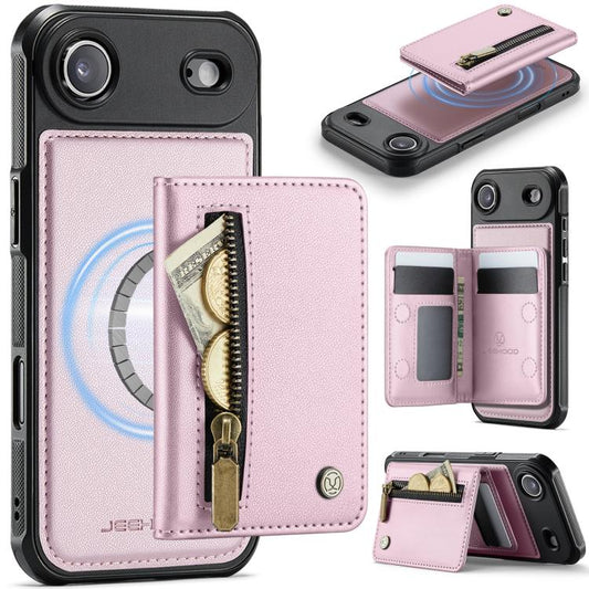 For iPhone Air JEEHOOD J12 Exquisite RFID MagSafe Zipper Card Bag Phone Case(Pink) by JEEHOOD