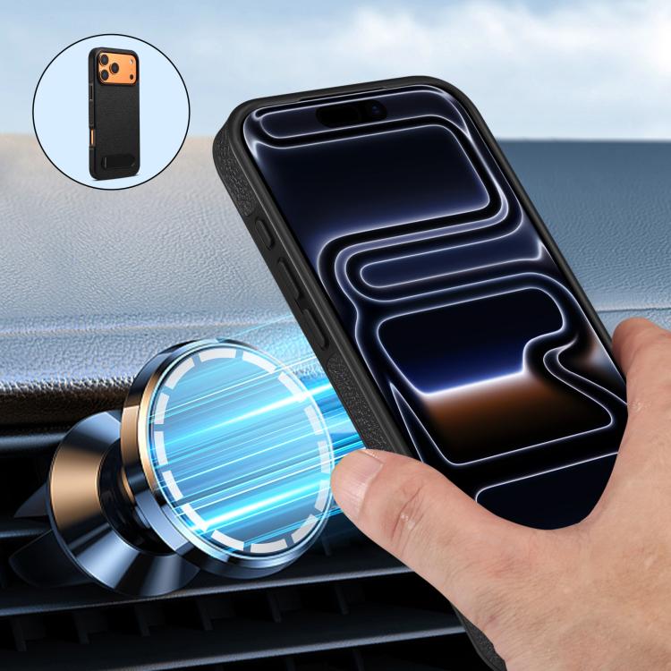 For iPhone 17 Pro Denior A25 Litchi Texture MagSafe Phone Case with Holder(Black) by Denior