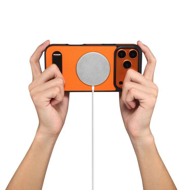 For iPhone 17 Pro Denior A25 Litchi Texture MagSafe Phone Case with Holder(Orange) by Denior