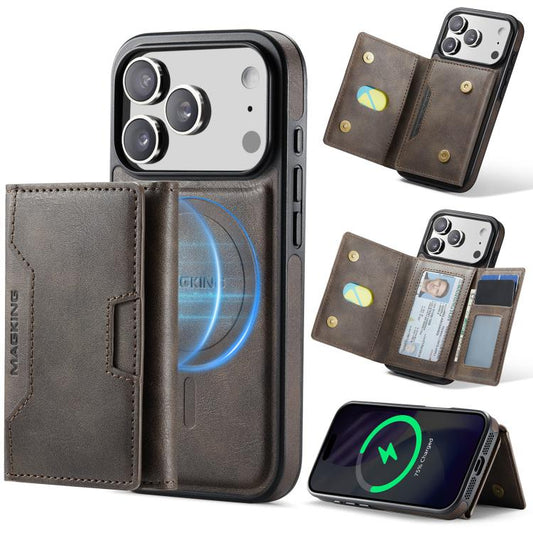 For iPhone 17 Pro MAGKING K4 Series MagSafe RFID Tri-fold Card Bag Detachable Phone Case(Coffee) by MAGKING