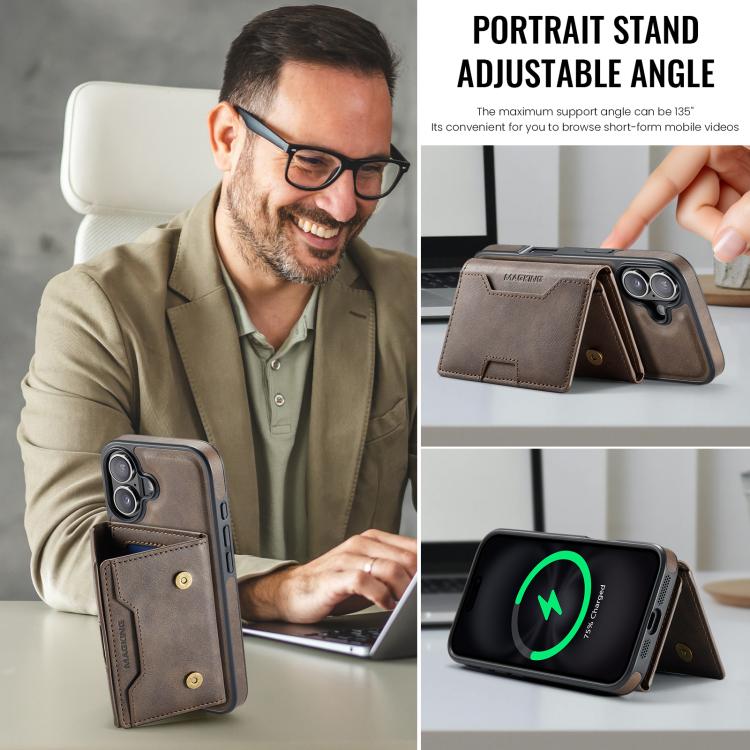 For iPhone 17 MAGKING K4 Series MagSafe RFID Tri-fold Card Bag Detachable Phone Case(Coffee) by MAGKING