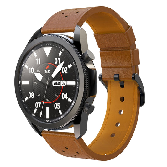 For Samsung Galaxy Watch 3 45mm Round Hole Line Leather Watch Band(Brown Leather Line Black Point) by bashfashion