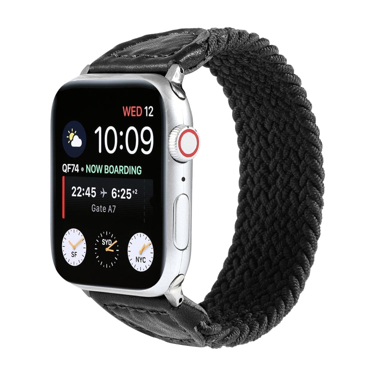 Nylon + Leather Braided Watch Band For Apple Watch Series 9&8&7 41mm / SE 3&SE 2&6&SE&5&4 40mm / 3&2&1 38mm, Size:L(Black) by bashfashion