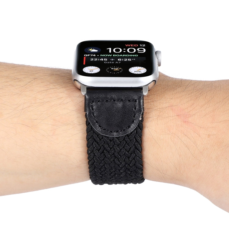 Nylon + Leather Braided Watch Band For Apple Watch Series 9&8&7 41mm / SE 3&SE 2&6&SE&5&4 40mm / 3&2&1 38mm, Size:L(Black) by bashfashion