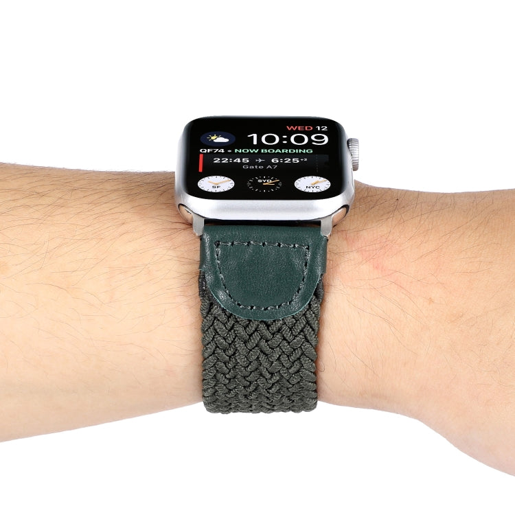 Nylon + Leather Braided Watch Band For Apple Watch Series 9&8&7 41mm / SE 3&SE 2&6&SE&5&4 40mm / 3&2&1 38mm, Size:L(Army Green) by bashfashion