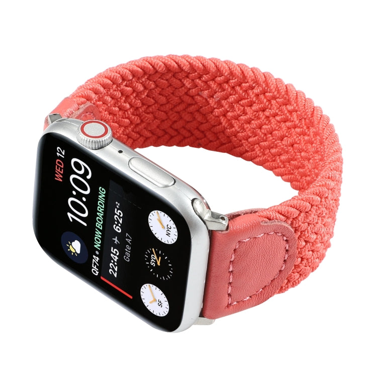 Nylon + Leather Braided Watch Band For Apple Watch Series 7 45mm / 6 & SE & 5 & 4 44mm / 3 & 2 & 1 42mm, Size:M(Rose Red) by bashfashion