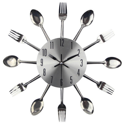 Cutlery Metal Kitchen Wall Clock Spoon Fork Creative Quartz Wall Mounted Clocks Modern Design Decorative Horloge, Silver by bashfashion
