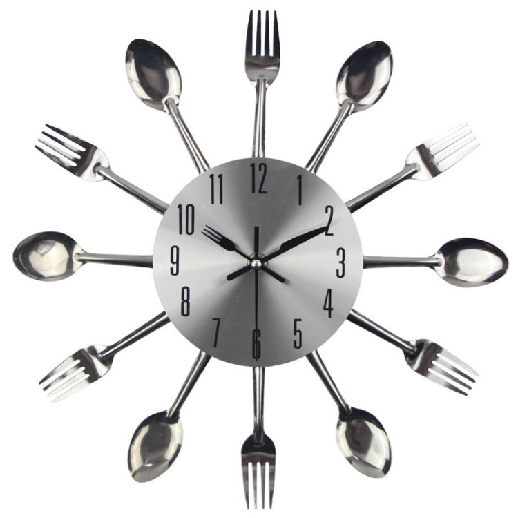 Cutlery Metal Kitchen Wall Clock Spoon Fork Creative Quartz Wall Mounted Clocks Modern Design Decorative Horloge, Silver by bashfashion