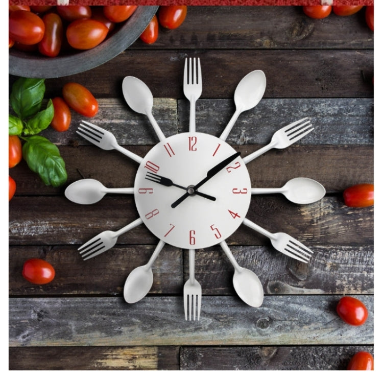 Cutlery Metal Kitchen Wall Clock Spoon Fork Creative Quartz Wall Mounted Clocks Modern Design Decorative Horloge, Silver by bashfashion