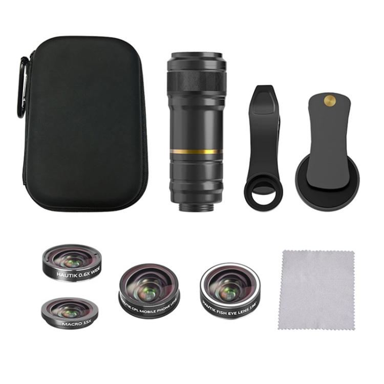 HAUTIK HK-002 5 in 1 180 Degree Fisheye Lens + 0.65X Macro & Wide Lens + 12X Telephoto Lens + Star Line Lens Kits by Hautik