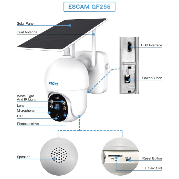 ESCAM QF255 2.0 Million Pixels 1080P HD WiFi Solar Camera, Support Two-way Voice & PIR Motion Detection & Night Vision & TF Card by ESCAM