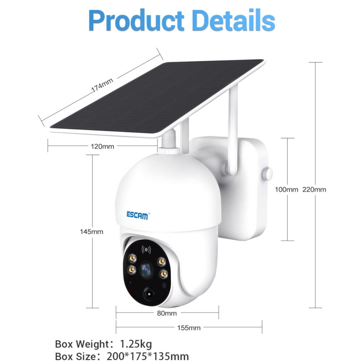 ESCAM QF255 2.0 Million Pixels 1080P HD WiFi Solar Camera, Support Two-way Voice & PIR Motion Detection & Night Vision & TF Card by ESCAM