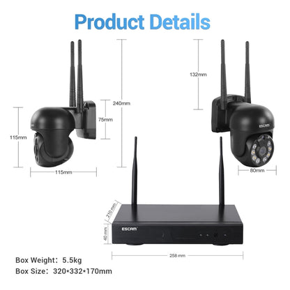 ESCAM WNK618 3.0 Million Pixels 8-channel Wireless Dome Camera HD NVR Security System, Support Motion Detection & Two-way Audio & Full-color Night Vision & TF Card, EU Plug by ESCAM