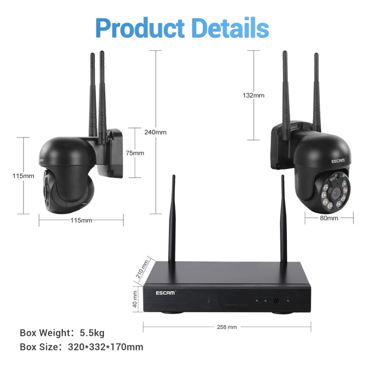 ESCAM WNK618 3.0 Million Pixels 8-channel Wireless Dome Camera HD NVR Security System, Support Motion Detection & Two-way Audio & Full-color Night Vision & TF Card, US Plug by ESCAM