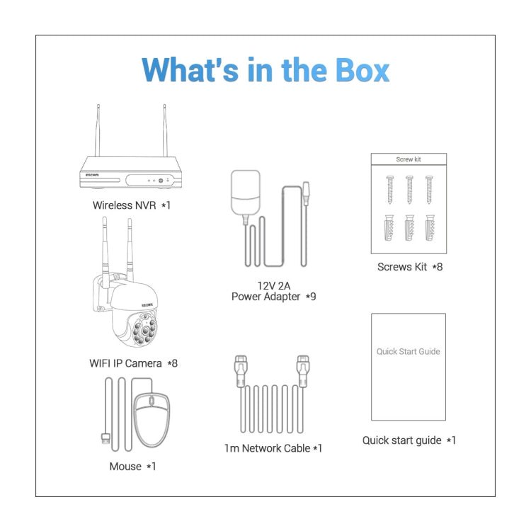 ESCAM WNK618 3.0 Million Pixels 8-channel Wireless Dome Camera HD NVR Security System, Support Motion Detection & Two-way Audio & Full-color Night Vision & TF Card, EU Plug by ESCAM