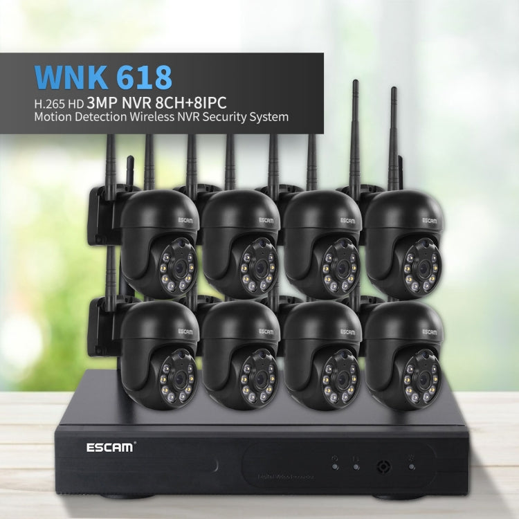 ESCAM WNK618 3.0 Million Pixels 8-channel Wireless Dome Camera HD NVR Security System, Support Motion Detection & Two-way Audio & Full-color Night Vision & TF Card, US Plug by ESCAM