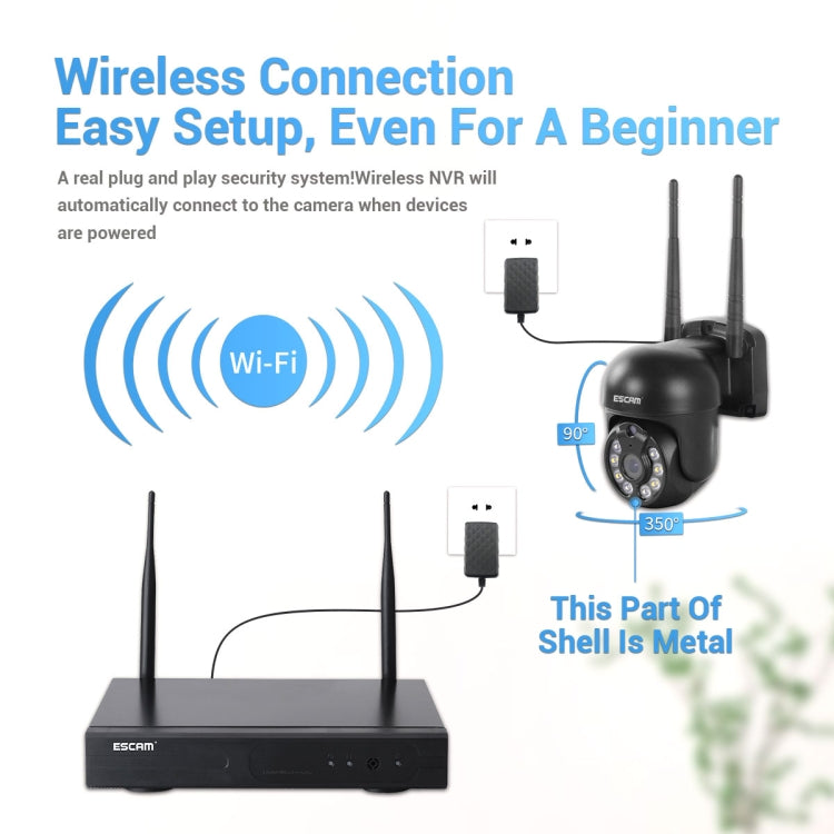 ESCAM WNK618 3.0 Million Pixels 8-channel Wireless Dome Camera HD NVR Security System, Support Motion Detection & Two-way Audio & Full-color Night Vision & TF Card, EU Plug by ESCAM