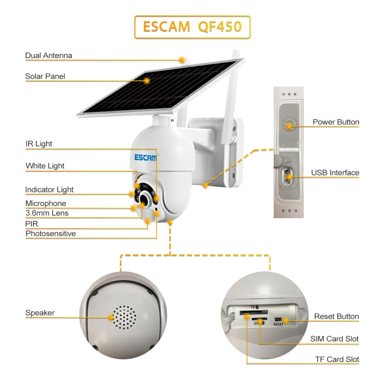 ESCAM QF450 HD 1080P 4G US Version Solar Powered IP Camera without Memory, Support Two-way Audio & PIR Motion Detection & Night Vision & TF Card by ESCAM