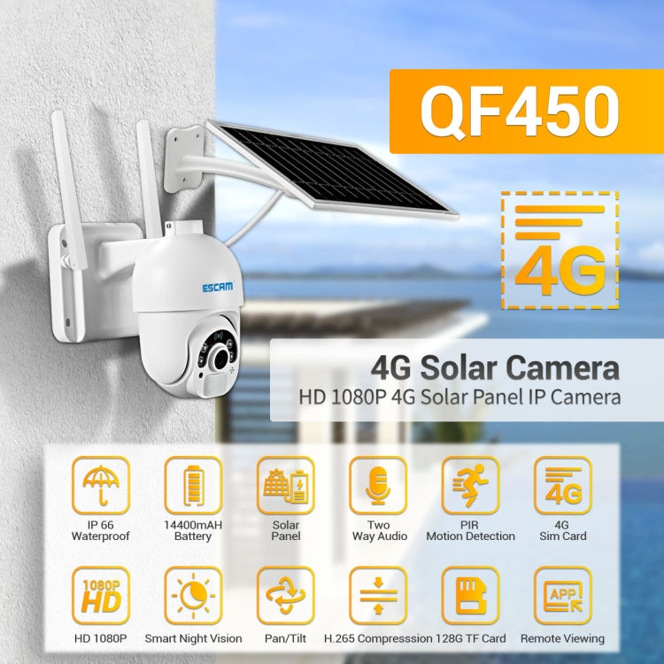 ESCAM QF450 HD 1080P 4G EU Version Solar Powered IP Camera with 64G Memory, Support Two-way Audio & PIR Motion Detection & Night Vision & TF Card by ESCAM