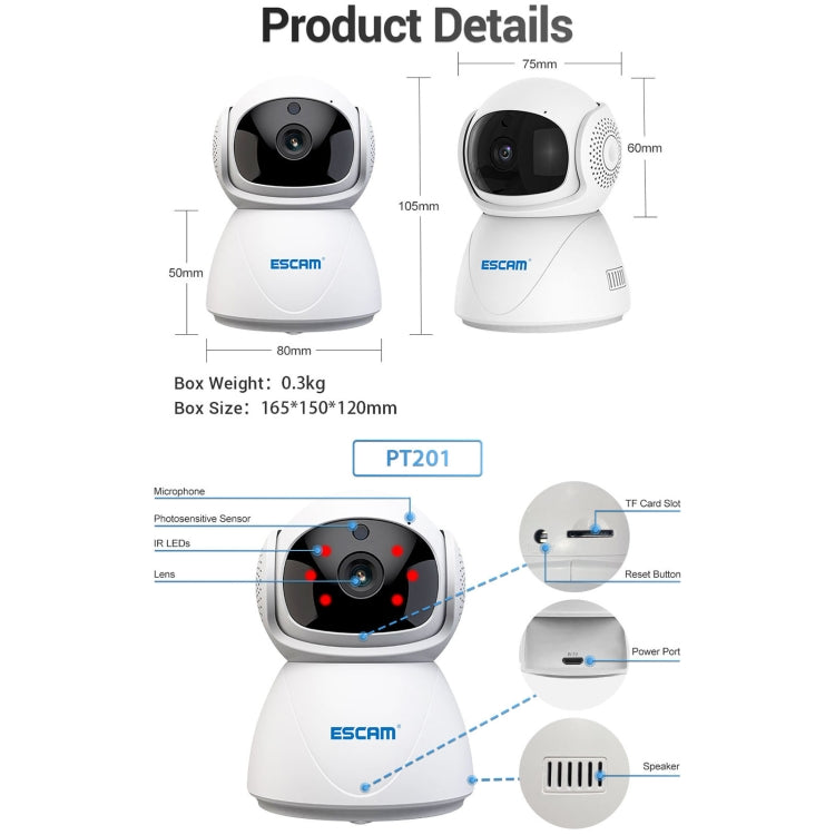 ESCAM PT201 HD 1080P Dual-band WiFi IP Camera, Support Night Vision / Motion Detection / Auto Tracking / TF Card / Two-way Audio, AU Plug by ESCAM