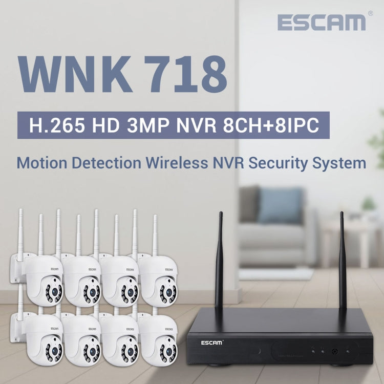 ESCAM WNK718 HD 3.0 Million Pixels 8-channel Wireless + 8IPC Wireless NVR Security System, US Plug by ESCAM