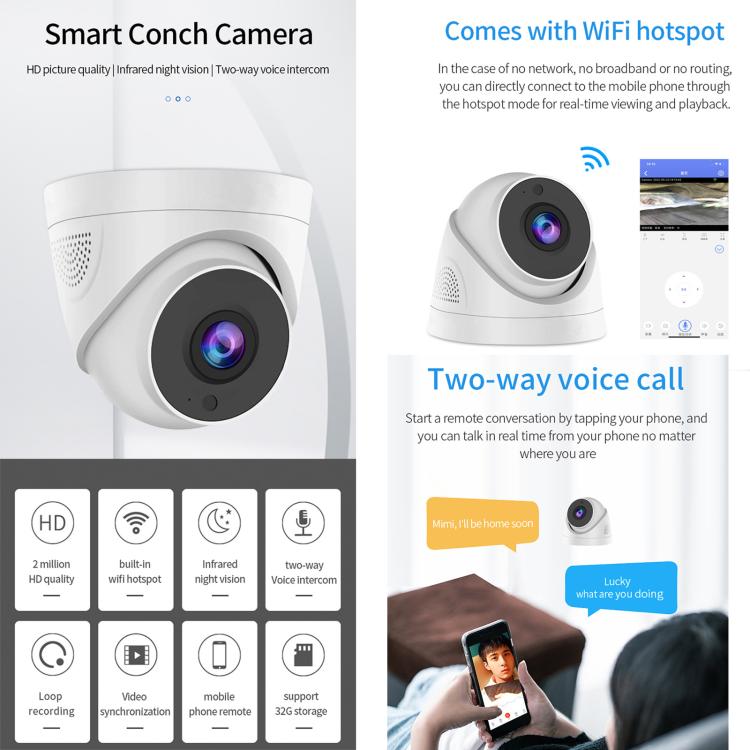 A5 Smart Conch WiFi Camera 1080P HD Night Vision IP Camera (UK Plug) by bashfashion