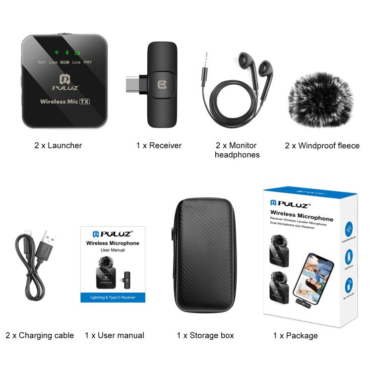 PULUZ Wireless Lavalier Microphone for Type-C Phone, Type-C Receiver and Dual Microphones (Black) by PULUZ