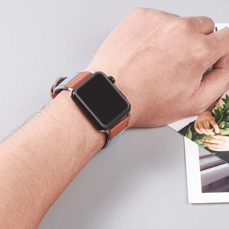 Silver Buckle Leather Strap For Apple Watch Series 9&8&7 41mm / SE 3&SE 2&6&SE&5&4 40mm / 3&2&1 38mm(Light Blue+Black) by bashfashion