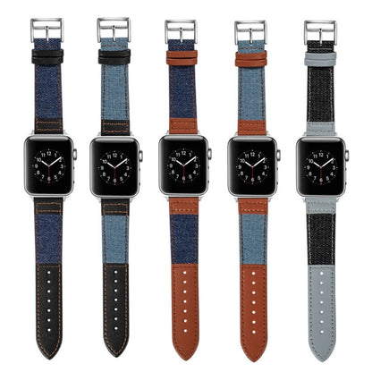 Denim Fit Leather Watch Band For Apple Watch Series 9&8&7 41mm / SE 3&SE 2&6&SE&5&4 40mm / 3&2&1 38mm(Black + Light Blue) by bashfashion
