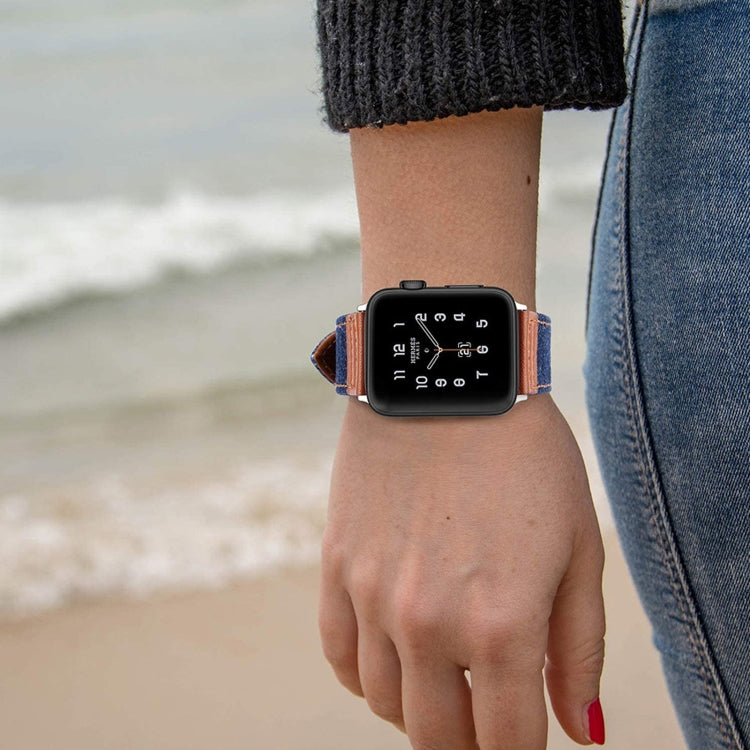 Denim Fit Leather Watch Band For Apple Watch Series 9&8&7 41mm / SE 3&SE 2&6&SE&5&4 40mm / 3&2&1 38mm(Blue+Black) by bashfashion