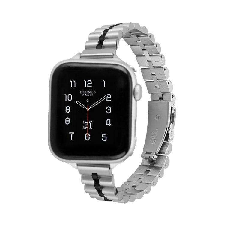 Half-Round Three-Bead Metal Watch Band For Apple Watch Series 9&8&7 41mm / SE 3&SE 2&6&SE&5&4 40mm / 3&2&1 38mm(Silver+Black) by bashfashion