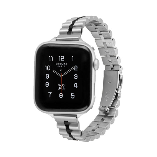 Half-Round Three-Bead Metal Watch Band For Apple Watch Series 9&8&7 41mm / SE 3&SE 2&6&SE&5&4 40mm / 3&2&1 38mm(Silver+Black) by bashfashion