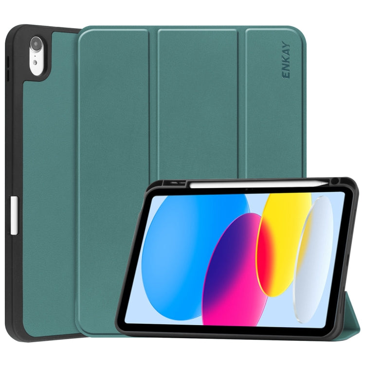 For iPad 2025 / 2022 ENKAY TPU Back Cover Smart Leather Stand Tablet Case with Pen Slot(Dark Green) by ENKAY