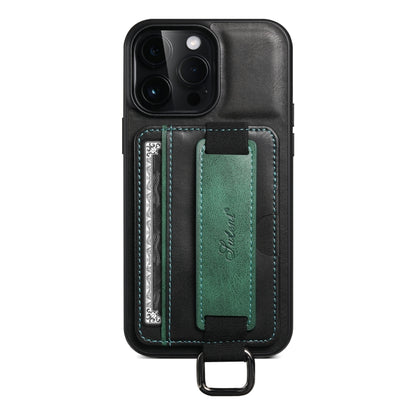 For iPhone 14 Suteni H13 Card Wallet Wrist Strap Holder PU Phone Case(Black) by Suteni
