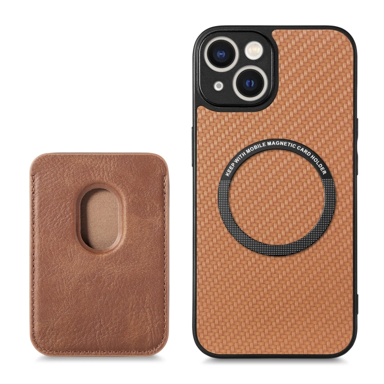 For iPhone 14 Carbon Fiber Leather Card Magsafe Magnetic Phone Case(Brown) by bashfashion