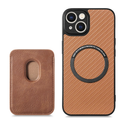 For iPhone 14 Carbon Fiber Leather Card Magsafe Magnetic Phone Case(Brown) by bashfashion