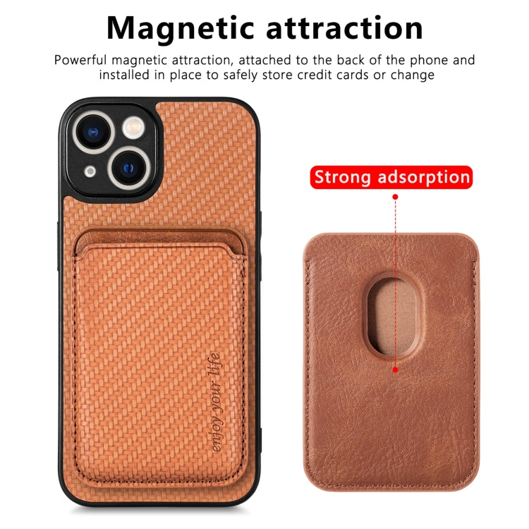 For iPhone 14 Carbon Fiber Leather Card Magsafe Magnetic Phone Case(Brown) by bashfashion